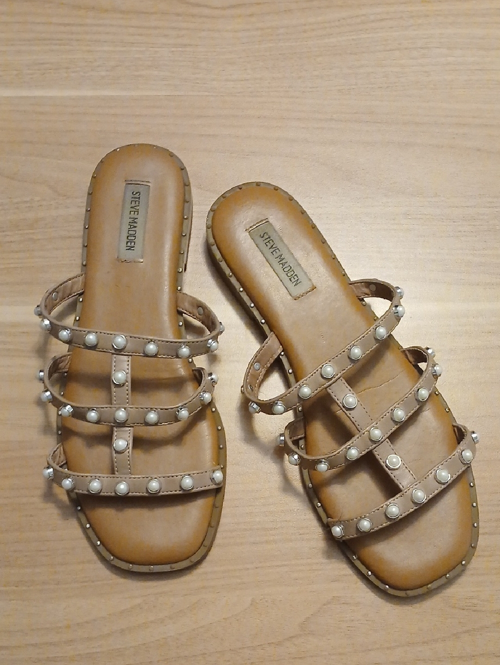 Steve Madden Tan Slide Sandals with Pearl-Embellished Straps in Size 10